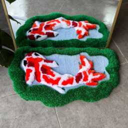 Koi Fish in Greenery 3D Handmade Tufted Rug - Mirror Decor Zen Floor Art Sculptural Botanical Carpet - thumbnail 4