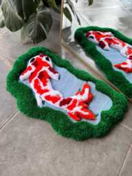 Koi Fish in Greenery 3D Handmade Tufted Rug - Mirror Decor Zen Floor Art Sculptural Botanical Carpet