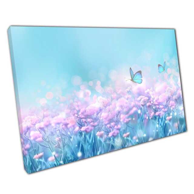 Springtime Meadow Wall Art Print Soft Purple Pink Flowers Blue Butterflies Canvas Decor For Home Office - image 1