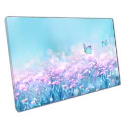 Springtime Meadow Wall Art Print Soft Purple Pink Flowers Blue Butterflies Canvas Decor For Home Office - thumbnail 1