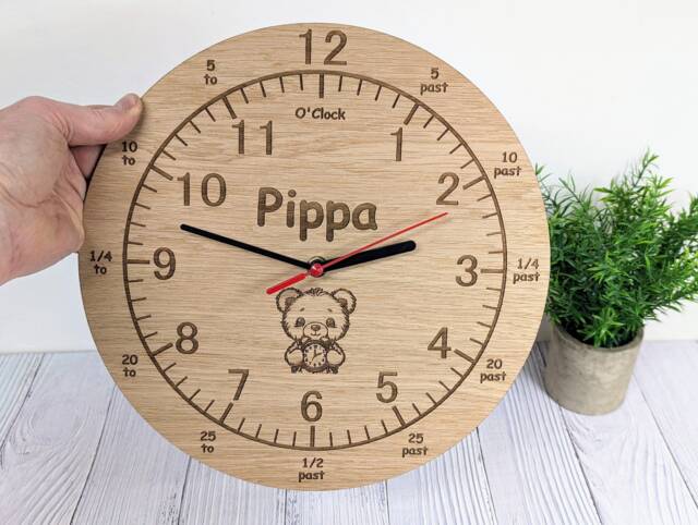Personalised Children's Learning Wooden Clock - Engraved Teddy Bear Design - Eco-Friendly Wood Educational Time-Telling - image 1