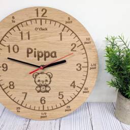 Personalised Children's Learning Wooden Clock - Engraved Teddy Bear Design - Eco-Friendly Wood Educational Time-Telling - thumbnail 2