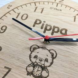 Personalised Children's Learning Wooden Clock - Engraved Teddy Bear Design - Eco-Friendly Wood Educational Time-Telling - thumbnail 3
