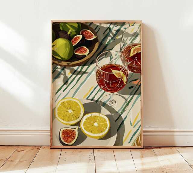 Mediterranean Brunch Art Print, Citrus & Fig Still Life Poster, Colorful Kitchen Wall Art, Summer Dining Decor - image 1