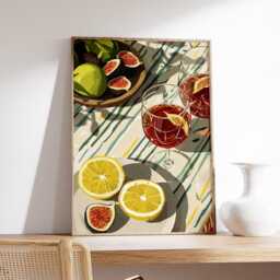 Mediterranean Brunch Art Print, Citrus & Fig Still Life Poster, Colorful Kitchen Wall Art, Summer Dining Decor - thumbnail 3