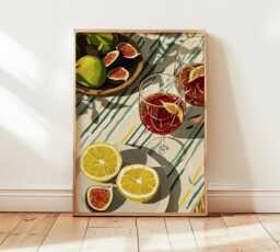 Mediterranean Brunch Art Print, Citrus & Fig Still Life Poster, Colorful Kitchen Wall Art, Summer Dining Decor - thumbnail 1
