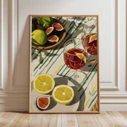 Mediterranean Brunch Art Print, Citrus & Fig Still Life Poster, Colorful Kitchen Wall Art, Summer Dining Decor - thumbnail 2