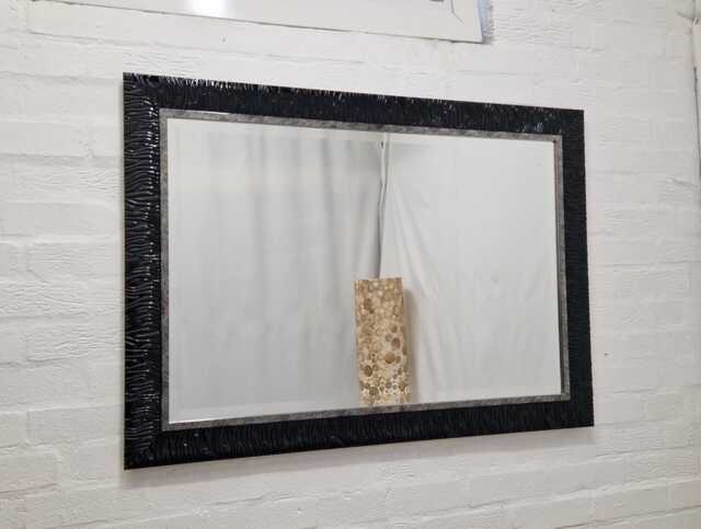 Modern Wall Mirror Black Gloss Finish Wave Pattern Silver Design Solid Wood Frame Bevelled Glass 107x77cm - image 1