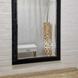 Modern Wall Mirror Black Gloss Finish Wave Pattern Silver Design Solid Wood Frame Bevelled Glass 107x77cm - thumbnail 2