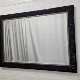 Modern Wall Mirror Black Gloss Finish Wave Pattern Silver Design Solid Wood Frame Bevelled Glass 107x77cm - thumbnail 3