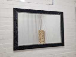 Modern Wall Mirror Black Gloss Finish Wave Pattern Silver Design Solid Wood Frame Bevelled Glass 107x77cm - thumbnail 1