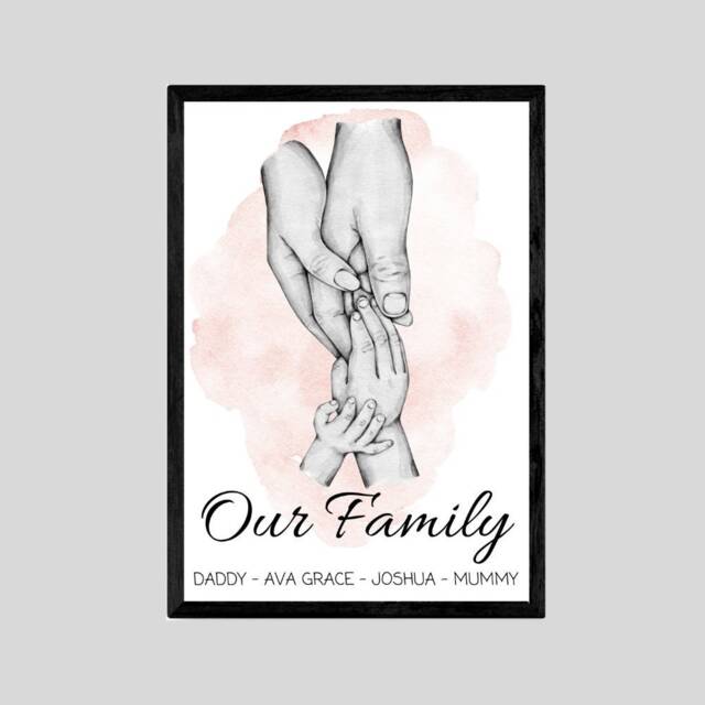 Personalised Family Hands Unframed Portrait Print, New Baby Gift, Home Wall Art, Present Black & White Pink Blue Splash - image 1
