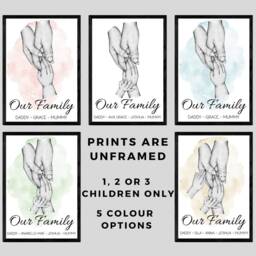 Personalised Family Hands Unframed Portrait Print, New Baby Gift, Home Wall Art, Present Black & White Pink Blue Splash - thumbnail 2