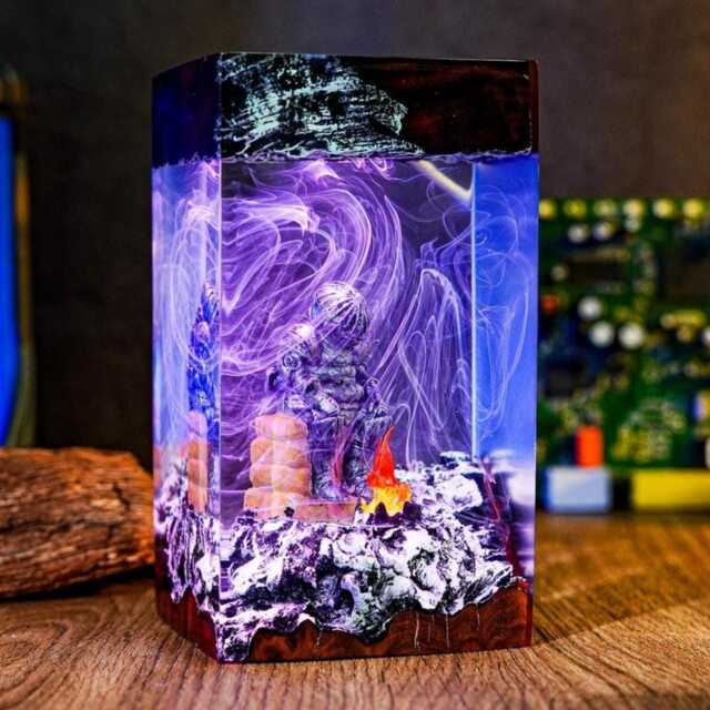 Onion Knight Inspired Resin Lamp - Handmade Fantasy Warrior Led Diorama - Dark Souls Bonfire Gamer & Collector Gift - image 1