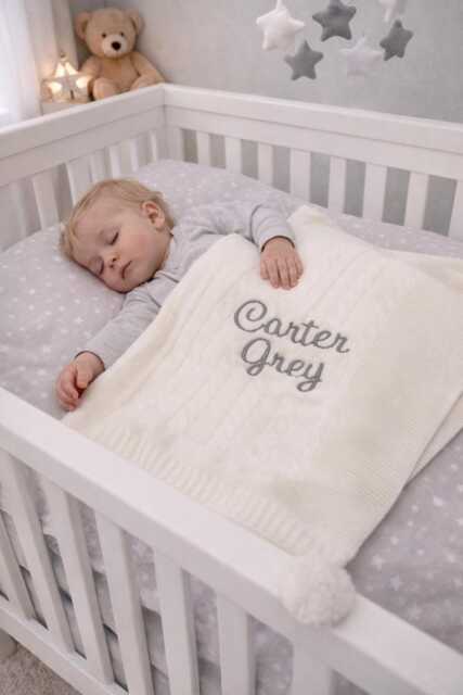 Personalised Baby Blanket, Embroidered, Cable Knit With Pom Poms , Personalized Baby Gift, White - image 1