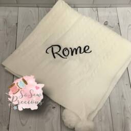 Personalised Baby Blanket, Embroidered, Cable Knit With Pom Poms , Personalized Baby Gift, White - thumbnail 3