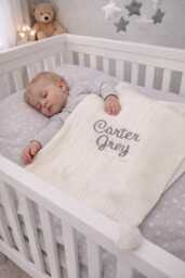 Personalised Baby Blanket, Embroidered, Cable Knit With Pom Poms , Personalized Baby Gift, White - thumbnail 1