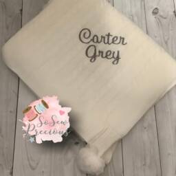 Personalised Baby Blanket, Embroidered, Cable Knit With Pom Poms , Personalized Baby Gift, White - thumbnail 2
