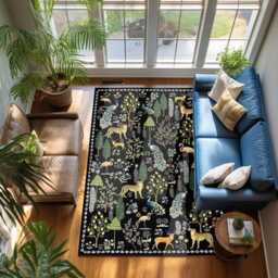 Black Botanical Wildlife Rug Chenille Exotic Animal & Peacock Carpet