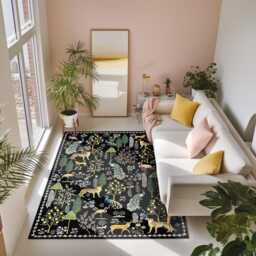 Black Botanical Wildlife Rug Chenille Exotic Animal & Peacock Carpet - thumbnail 3