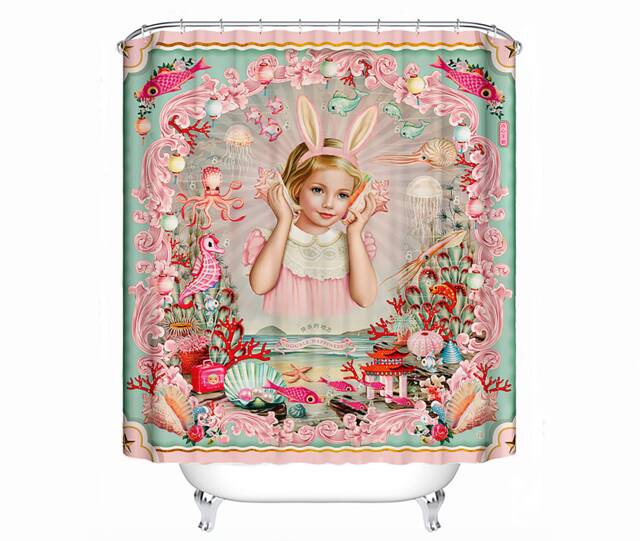 Double Happiness Shower Curtain Vintage Pop-Surreal Girl With Bunny Ears - image 1