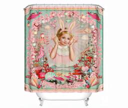 Double Happiness Shower Curtain Vintage Pop-Surreal Girl With Bunny Ears - thumbnail 1