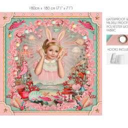 Double Happiness Shower Curtain Vintage Pop-Surreal Girl With Bunny Ears - thumbnail 2