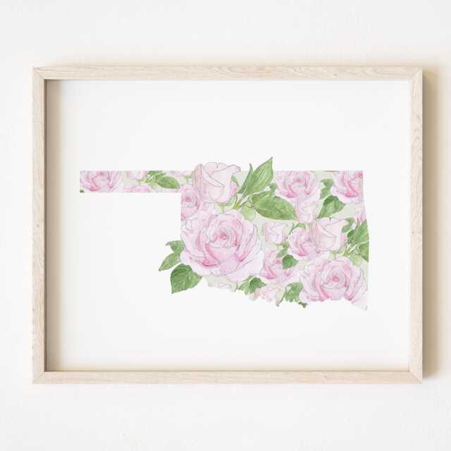 Oklahoma State Flower Map Watercolor Oklahoma Rose - Art Print Wall Graduation Wedding Realtor Moving Mothers Day Gift Floral - image 1