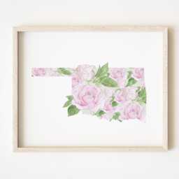 Oklahoma State Flower Map Watercolor Oklahoma Rose - Art Print Wall Graduation Wedding Realtor Moving Mothers Day Gift Floral - thumbnail 1