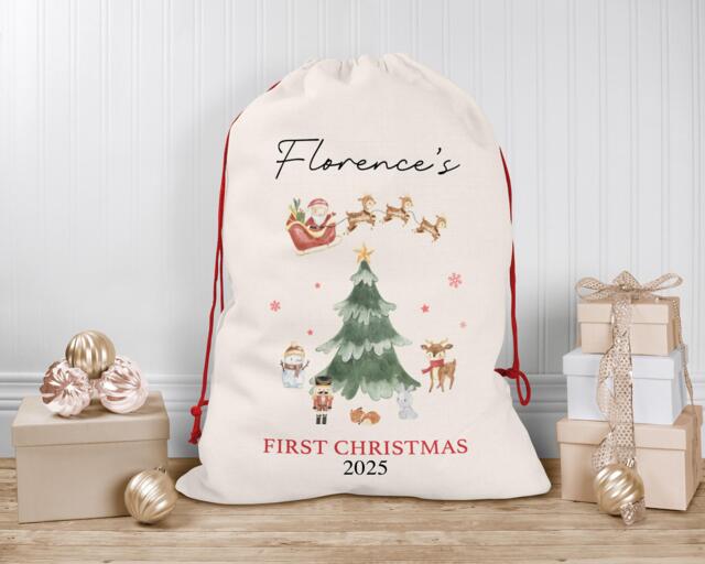 Baby's First Christmas Sack, Personalised Sack - Custom Stocking Watercolour 1St Santa Sacks - image 1