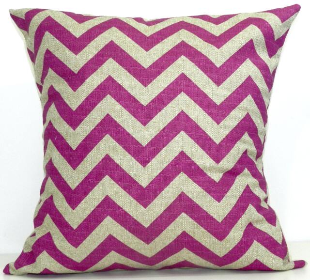 New 18x18 Inch Designer Handmade Pillow Case in Fuschia & Taupe Chevron
