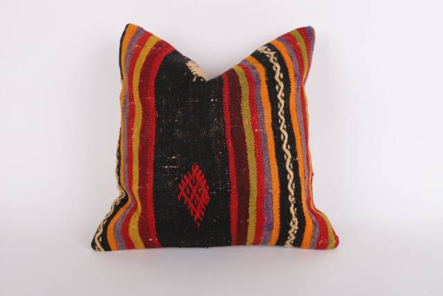 Vintage Turkish Kilim Pillow Cover Handwoven Wool Throw - 16x16 - image 1