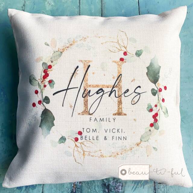 Personalised Christmas Family Initial Holly Foliage Wreath Linen Style Cushion