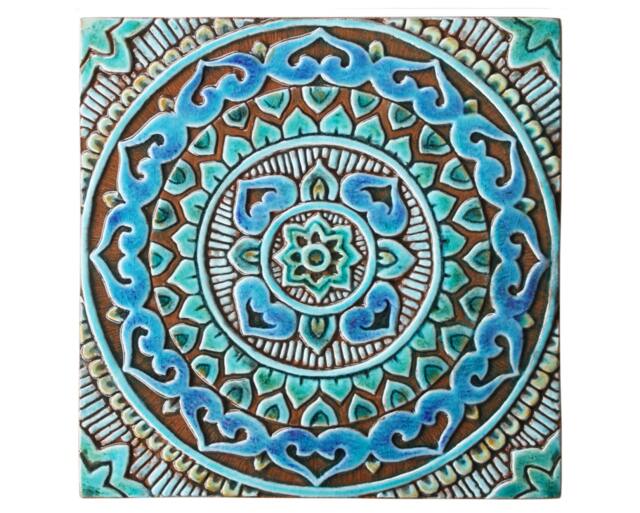 Outdoor Wall Hanging Art With Mandala Design, Garden Spanish Tile, Patio Decor, Backyard Ceramic Tile Deco, #7 30cm Turquoise - image 1
