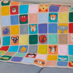Crochet Animal Baby Blanket, Colorful Nursery Throw, Handmade Cotton - thumbnail 3