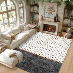 Dotted Moroccan Berber Rug, Black & White Shag Wool Carpet, Modern Handmade Area Rug With Dark Border - thumbnail 3