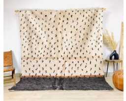 Dotted Moroccan Berber Rug, Black & White Shag Wool Carpet, Modern Handmade Area Rug With Dark Border