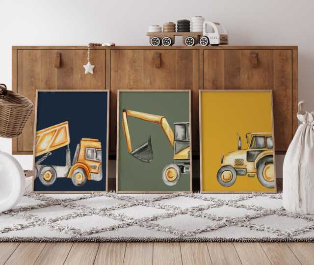 Construction Truck Prints Digger, Tractor, Dumper - Boy Room Decor - image 1