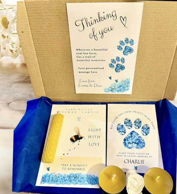 Dog Or Cat Pet Loss Gift, Sympathy, Bereavement Remembrance Box, Letterbox Thinking Of You Gift Forget-Me-Not Seeds, Beeswax Candles