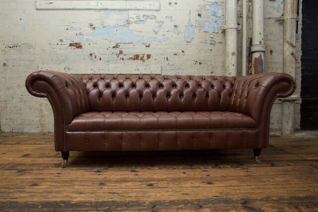 Handmade 3 Seater Vintage Hazel Brown Leather Chesterfield Sofa - image 1