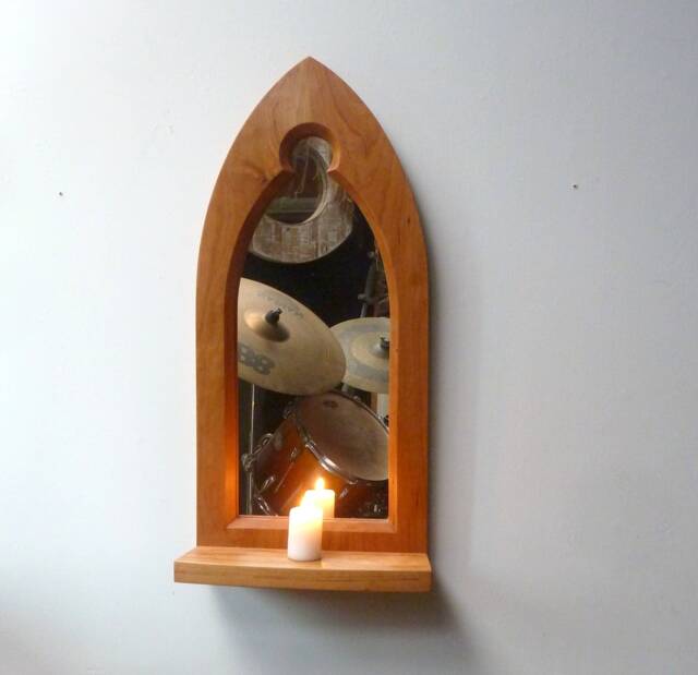 Gothic Arch Solid Wooden Cherry Keyhole Trefoil Wall Mirror & Shelf 60 cm Long Hand Made - image 1