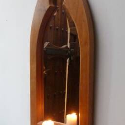 Gothic Arch Solid Wooden Cherry Keyhole Trefoil Wall Mirror & Shelf 60 cm Long Hand Made - thumbnail 2