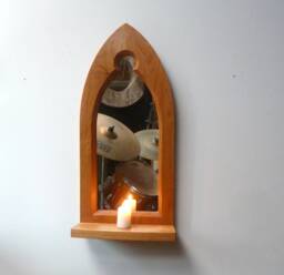 Gothic Arch Solid Wooden Cherry Keyhole Trefoil Wall Mirror & Shelf 60 cm Long Hand Made - thumbnail 1