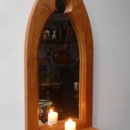 Gothic Arch Solid Wooden Cherry Keyhole Trefoil Wall Mirror & Shelf 60 cm Long Hand Made - thumbnail 3
