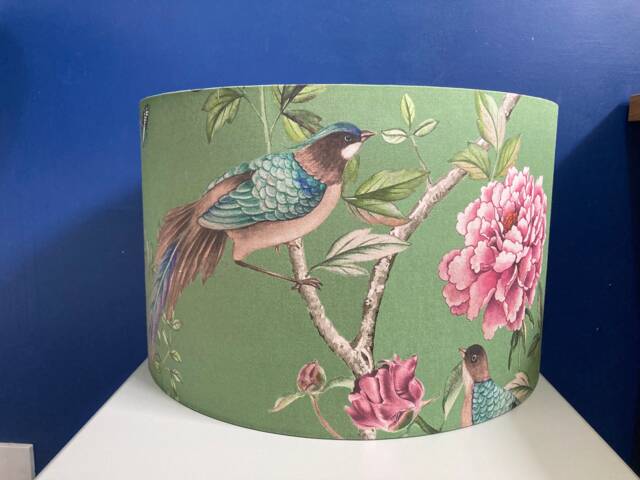 Jade Bird Chinoiserie Lampshade, in Green & Pink Satin, Last One 25cm Diameter - image 1