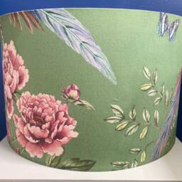 Jade Bird Chinoiserie Lampshade, in Green & Pink Satin, Last One 25cm Diameter - thumbnail 3