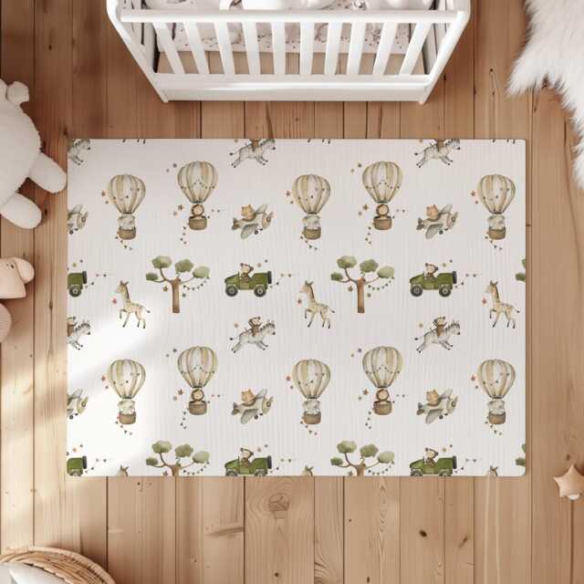 Multiple Hot Air Balloons - Safari Animals Green, Rug, Carpet, Kids Decor, Children's Room Decor, Kids Balloon Decor - image 1