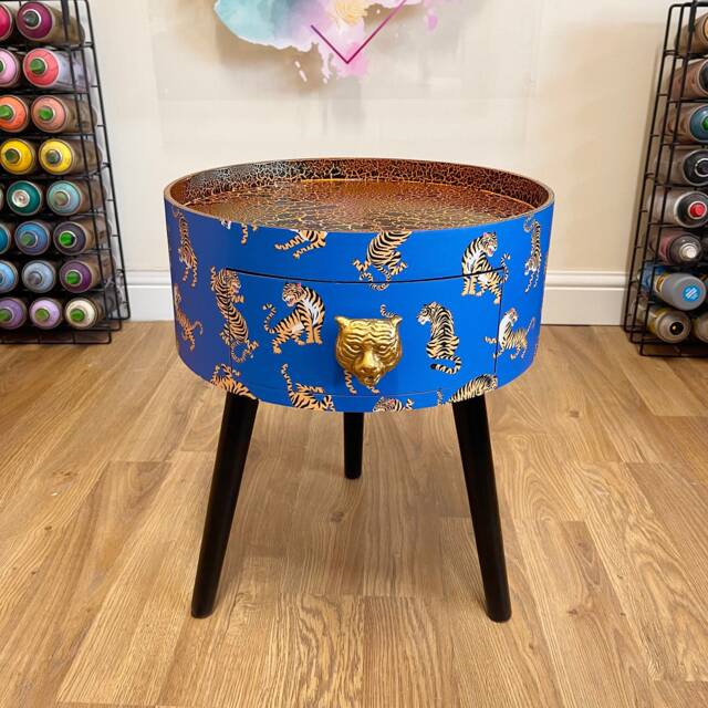 Navy Blue Tiger Round Bedside Table . Fun Bright Home Decor Ideal For Nightstand Or Side Table. Comes With Inbuilt Drawer - image 1