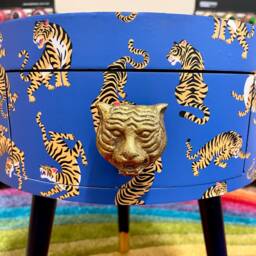 Navy Blue Tiger Round Bedside Table . Fun Bright Home Decor Ideal For Nightstand Or Side Table. Comes With Inbuilt Drawer - thumbnail 3