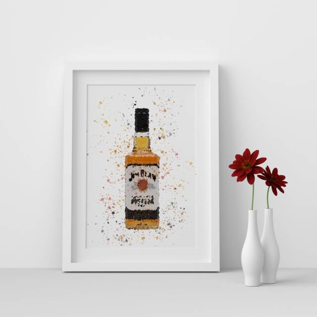 Jim Beam Bourbon Whiskey Bottle Watercolour Splash A3, A4, 10x8, 8x6, 5x7 & 4x6 Wall Art Prints